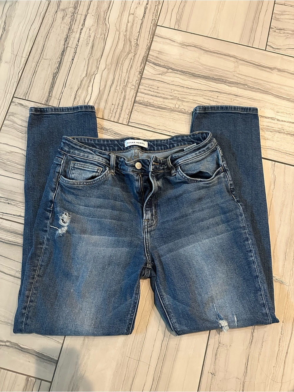 Women’s Distressed Flying Monkey Blue Denim Jeans - Picture 2 of 2